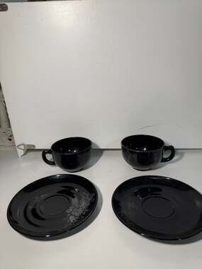 Vintage Black Glass Tea Cup and Saucer Set with Floral Sterling Silver Overlay
